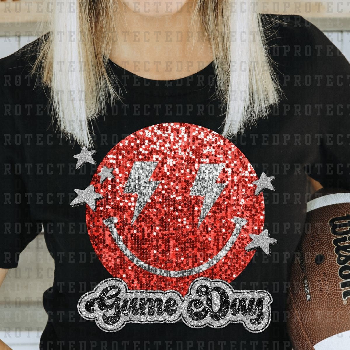 GAME DAY SMILEY *RED&SILVER* *FAUX SEQUIN* - DTF TRANSFER