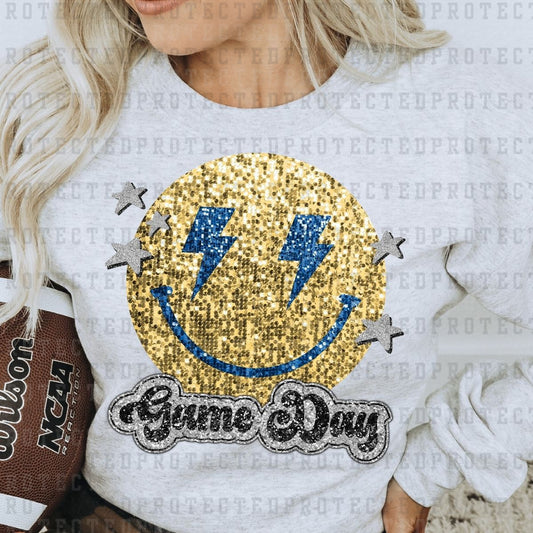 GAME DAY SMILEY *GOLD&BLUE* *FAUX SEQUIN* - DTF TRANSFER