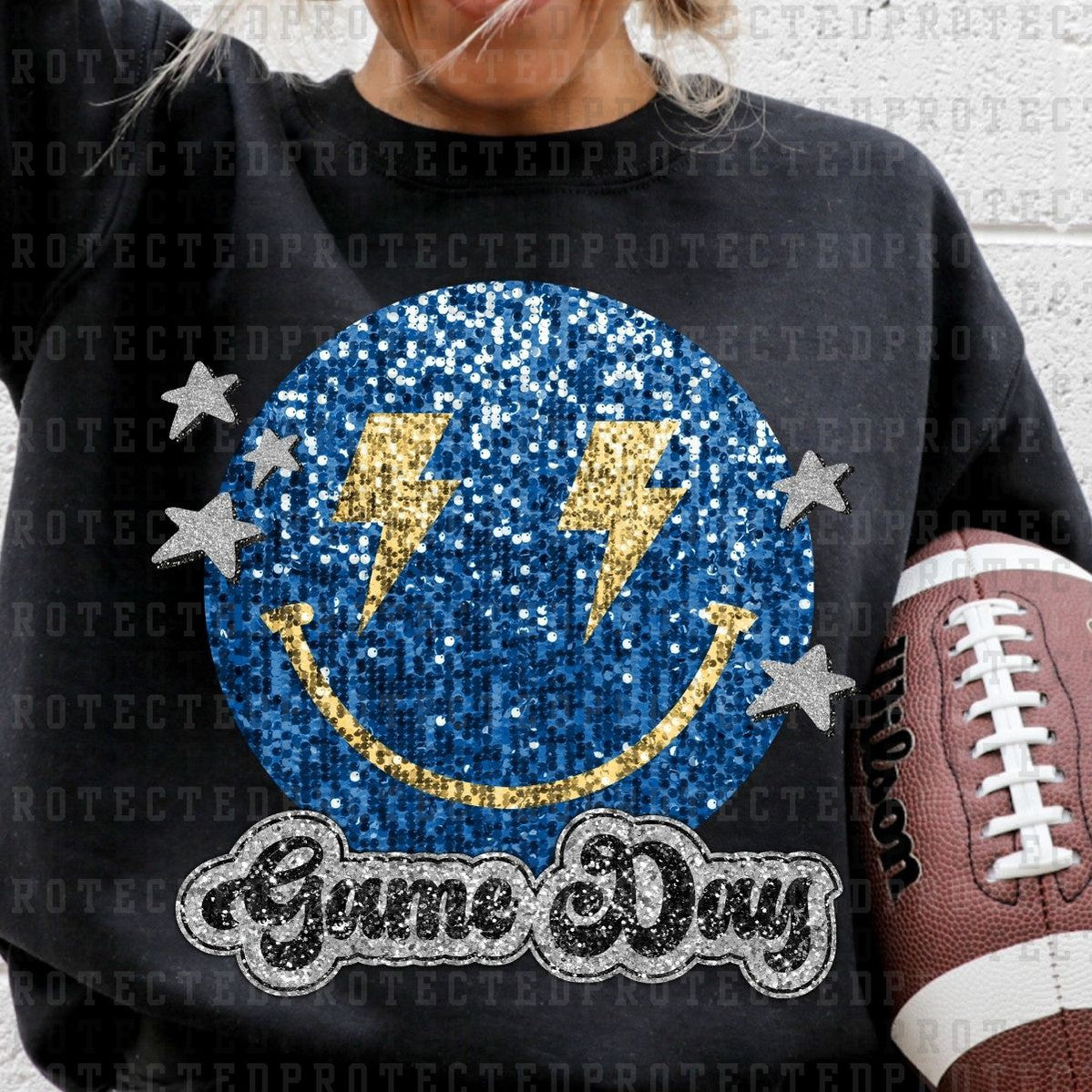 GAME DAY SMILEY *BLUE&GOLD* *FAUX SEQUIN* - DTF TRANSFER