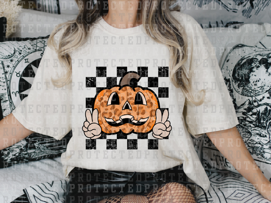 PEACE SIGN LEOPARD PUMPKIN - BLACK FADED CHECK BACKGROUND - DTF TRANSFERS