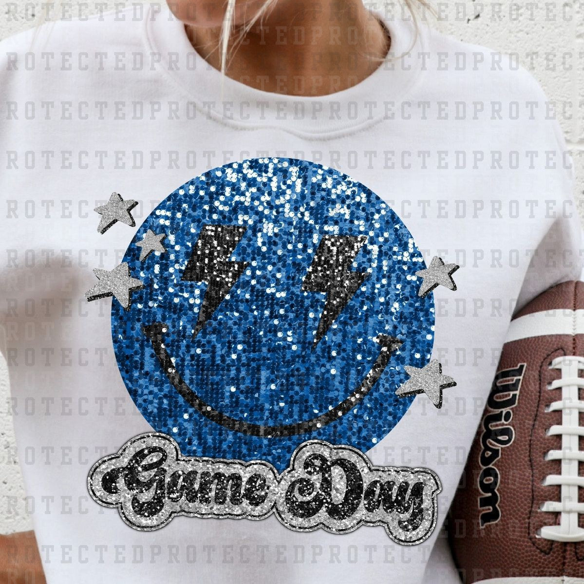 GAME DAY SMILEY *BLUE&BLACK* *FAUX SEQUIN* - DTF TRANSFER