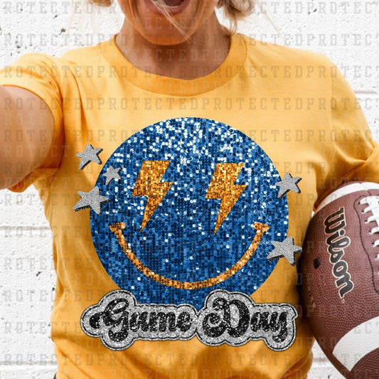 GAME DAY SMILEY *BLUE&ORANGE* *FAUX SEQUIN* - DTF TRANSFER