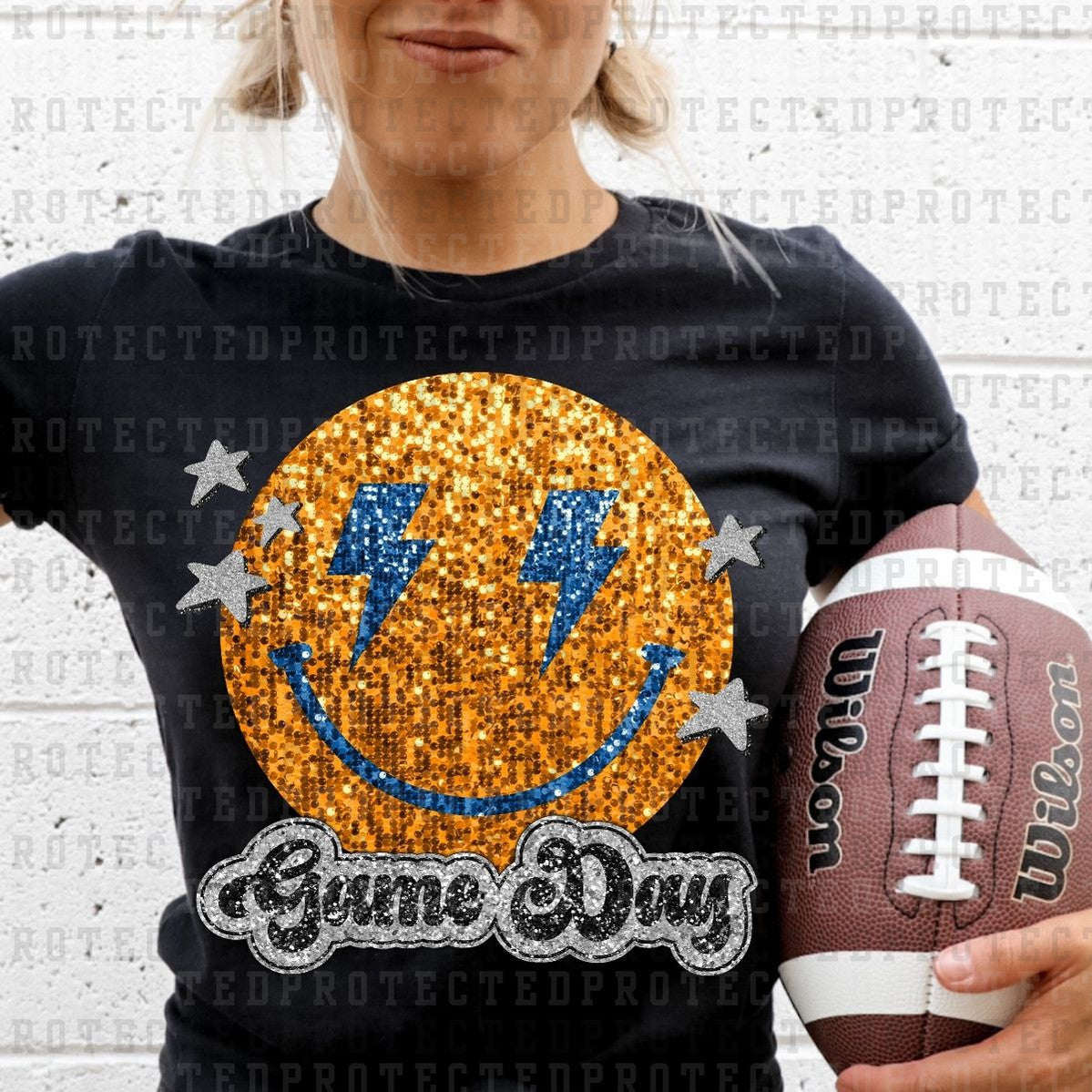 GAME DAY SMILEY *ORANGE&BLUE* *FAUX SEQUIN* - DTF TRANSFER