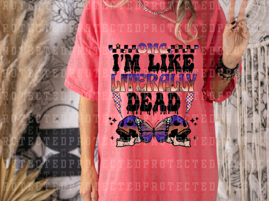 OMG I'M LIKE LITERALLY DEAD - PURPLE/ORANGE/WHITE FADE - 2 SKULLS AND BUTTERFLY - CHECK LIGHTNING - MELTING FONT - DTF TRANSFERS