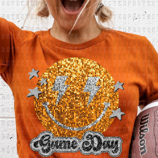 GAME DAY SMILEY *ORANGE&SILVER* *FAUX SEQUIN* - DTF TRANSFER