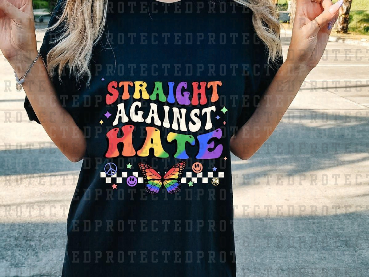 STRAIGHT AGAINST HATE - WHITE CHECK - RAINBOW BUTTERFLY SMILEY PEACE - DTF TRANSFER