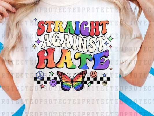 STRAIGHT AGAINST HATE - BLACK CHECK - RAINBOW BUTTERFLY SMILEY PEACE - DTF TRANSFER