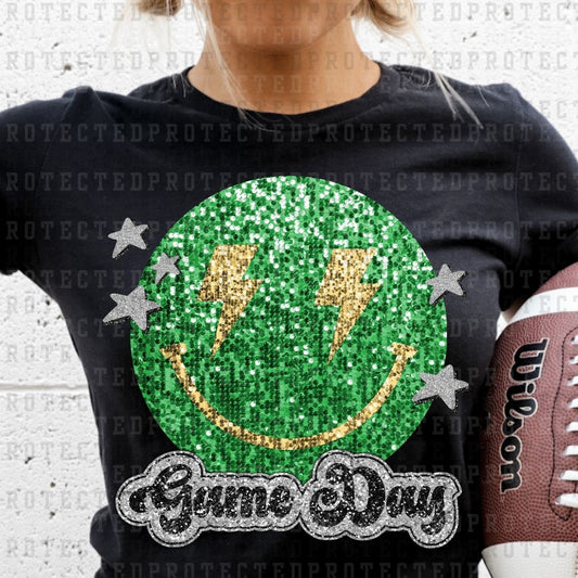 GAME DAY SMILEY *GREEN&GOLD* *FAUX SEQUIN* - DTF TRANSFER