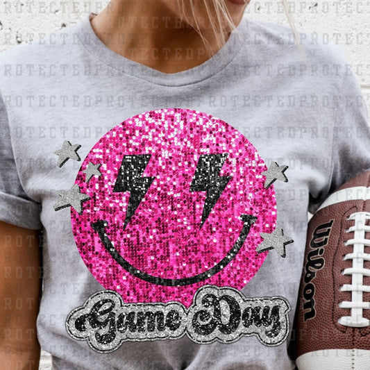 GAME DAY SMILEY *PINK&BLACK* *FAUX SEQUIN* - DTF TRANSFER