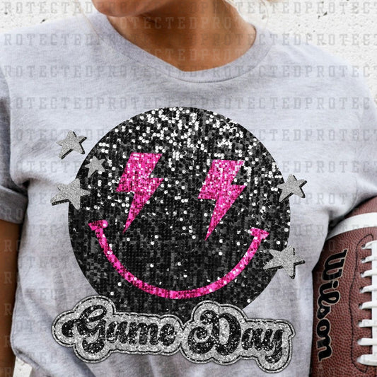 GAME DAY SMILEY *BLACK&PINK* *FAUX SEQUIN* - DTF TRANSFER