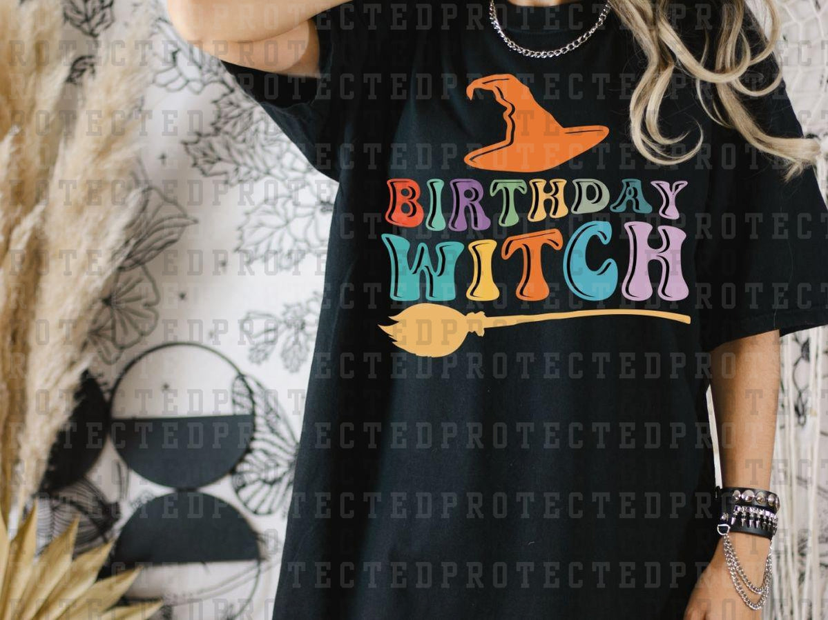 BIRTHDAY WITCH - ORANGE HAT + BROOM - DTF TRANSFER