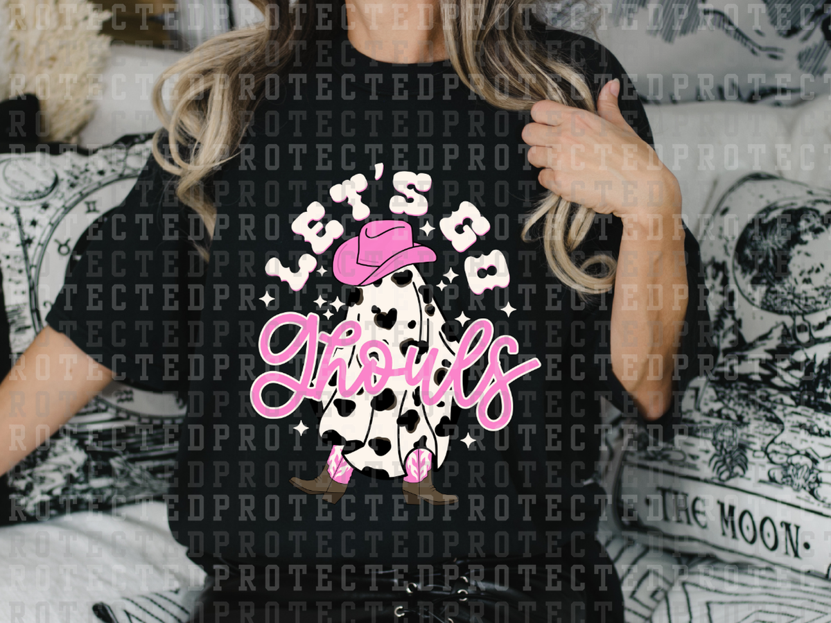 LET'S GO GHOULS - COW GHOST W/ PINK COWBOY HAT AND BOOTS - WHITE FONT - DTF TRANSFERS