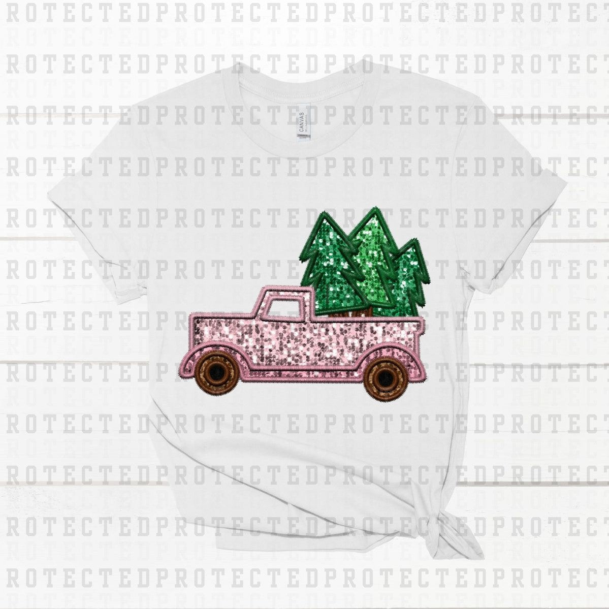 PINK CHRISTMAS TRUCK WITH TREES  *FAUX SEQUIN* - DTF TRANSFER