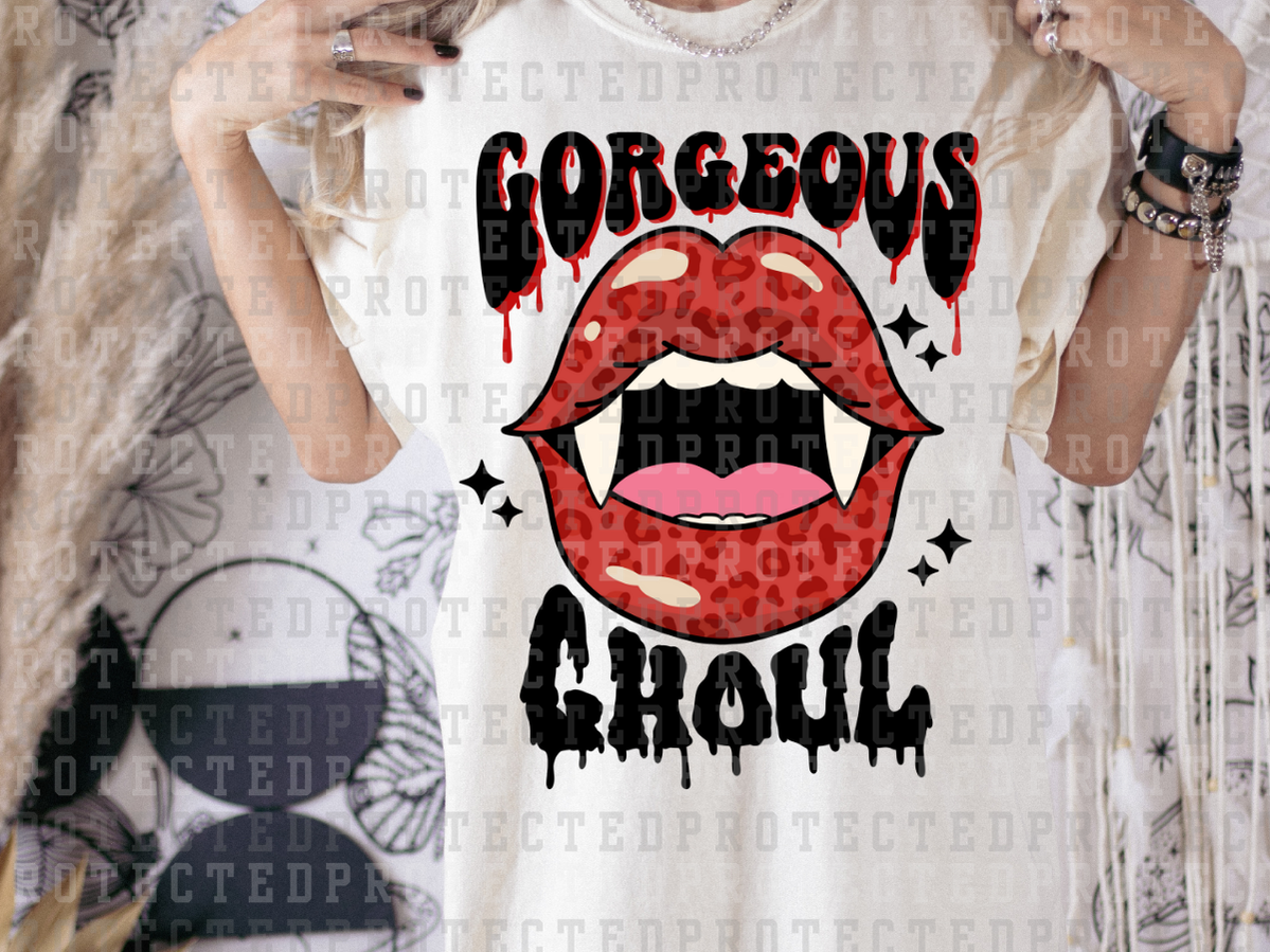 GORGEOUS GHOUL - BLACK MELTING FONT W/ BLOOD - VAMPIRE LEOPARD LIPS W/ FANGS - DTF TRANSFERS