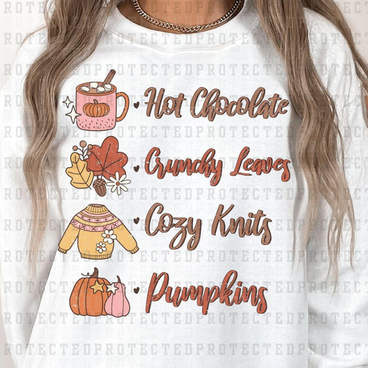 HOT CHOCOLATE CRUNCHY LEAVES COZY KNITS PUMPKINS - DTF TRANSFER