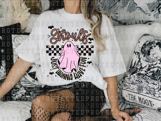 GHOULS JUST WANNA HAVE FUN - PINK PEACE SIGN GHOST - BLACK CHECK AND FONT - NEON EFFECT - DTF TRANSFERS