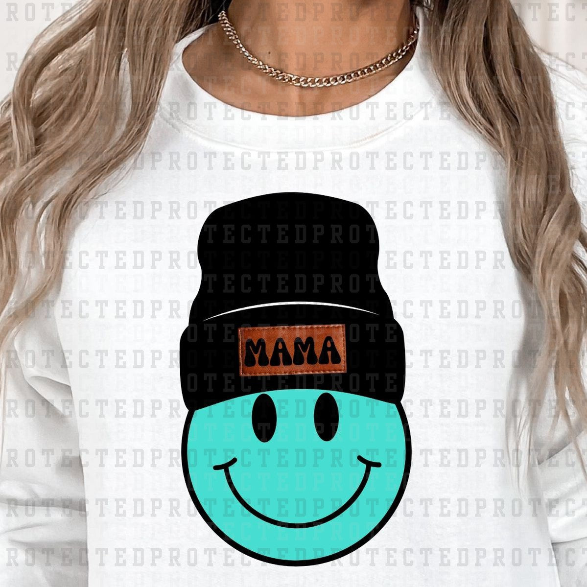 TEAL COLORED MAMA SMILEY BEANIE - DTF TRANSFER