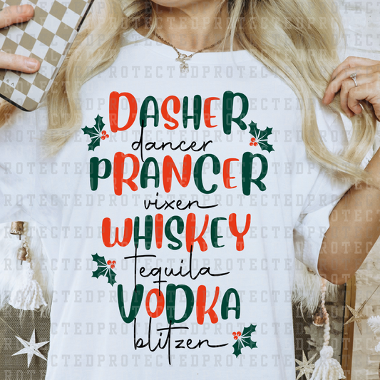 DASHER DANCER PRANCER VIXEN WHISKEY TEQUILA VODKA BLITZEN - DTF TRANSFER