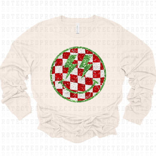 RED WHITE AND GREEN CHECKERED SMILEY *FAUX SEQUIN* - DTF TRANSFER