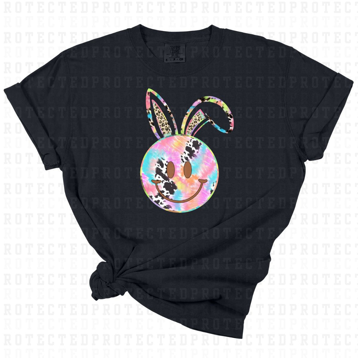 COW HIDE TIE DYE EASTER BUNNY SMILEY - DTF TRANSFER