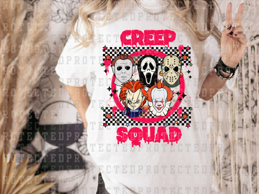 CREEP SQUAD - PINK DRIP FONT - 5 VILLAINS IN A CIRCLE - BLACK CHECK WITH STARS- DTF TRANSFERS