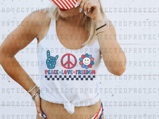 PEACE LOVE FREEDOM - NAVY CHECK - FREEDOM FLOWER - DTF TRANSFER