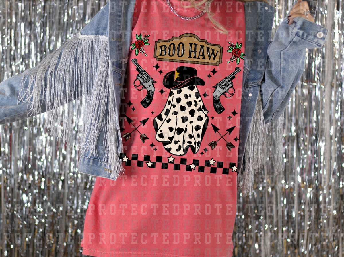 BOO HAW - FULL COLOR PRINT - COW PRINT GHOST W/ COWBOY HAT - PISTOLS - - DTF TRANSFERS