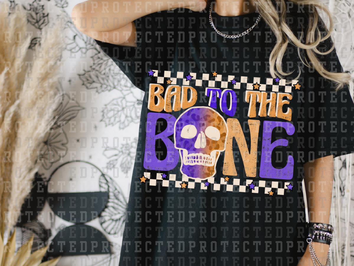 BAD TO THE BONE - ORANGE/PURPLE - LEOPARD SKULL - WHITE CHECK - DTF TRANSFERS