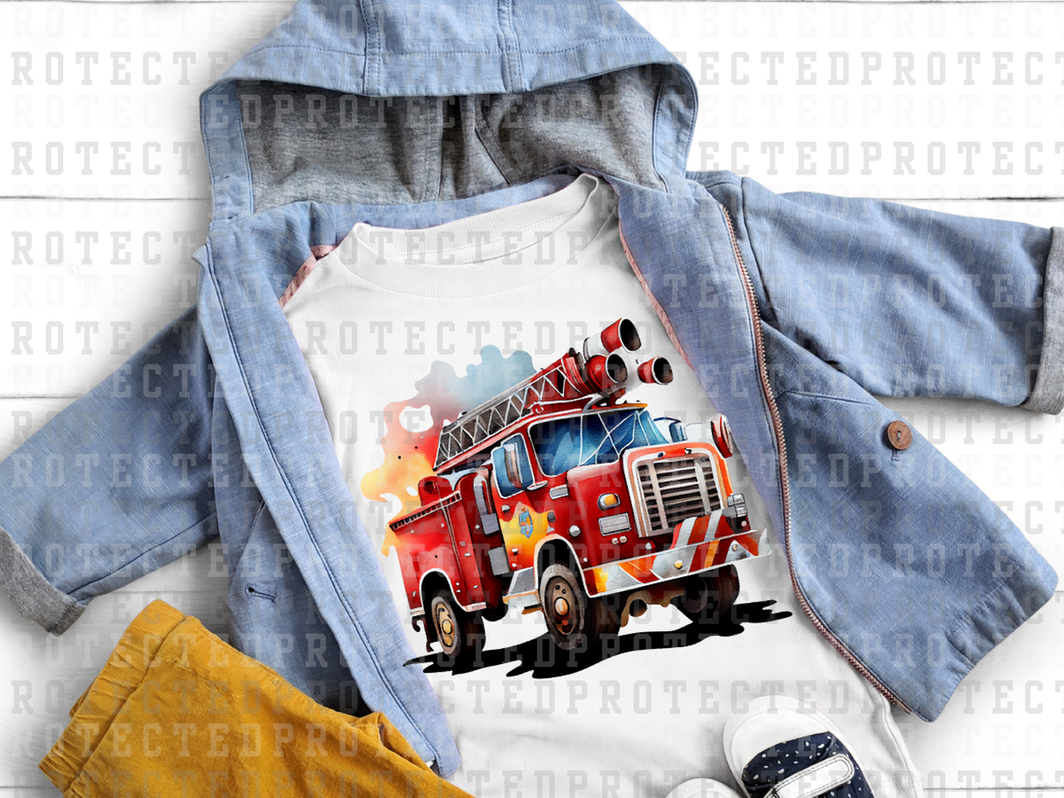 FIRETRUCK - YELLOW/RED/BLUE BACKGROUND - BLACK SHADOW - DTF TRANSFERS