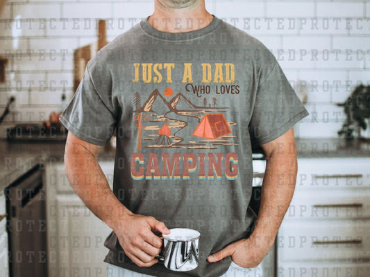 JUST A DAD WHO LOVES CAMPING - YELLOW, MOUNTAINS, BURGUNDY, TENT ON RIVER - DTF TRANSFER