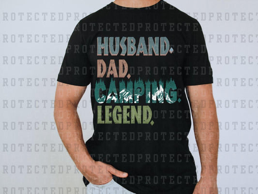 HUSBAND. DAD. CAMPING. LEGEND. - MOUNTAINS - TEAL/GREEN/TAN - DTF TRANSFER