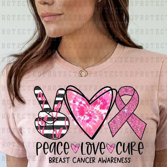 PEACE LOVE CURE BREAST CANCER AWARENESS - DTF TRANSFER