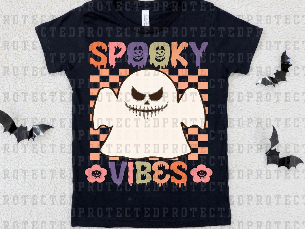 SPOOKY VIBES - SCARY WHITE GHOST - PEACH CHECK BACKGROUND - PINK FLOWERS - DTF TRANSFERS