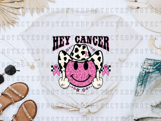 HEY CANCER FU CHECK W/ RIBBON - COWBOY LEOPARD SMILEY  - PINK RIBBON - DTF TRANSFER