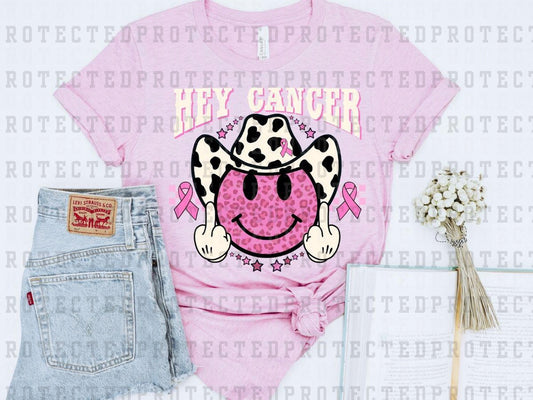 HEY CANCER FU - WHITE W/ PINK CHECK - COWBOY LEOPARD SMILEY  - PINK RIBBON - DTF TRANSFER