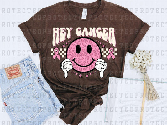 HEY CANCER THUMBS DOWN - WHITE LEOPARD SMILEY - PINK RIBBON - DTF TRANSFER