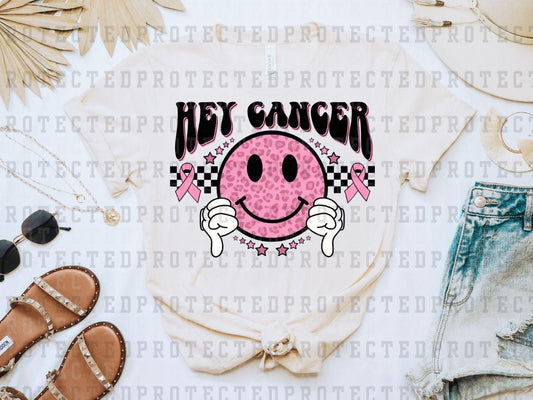 HEY CANCER THUMBS DOWN - BLACK LEOPARD SMILEY - PINK RIBBON - DTF TRANSFER