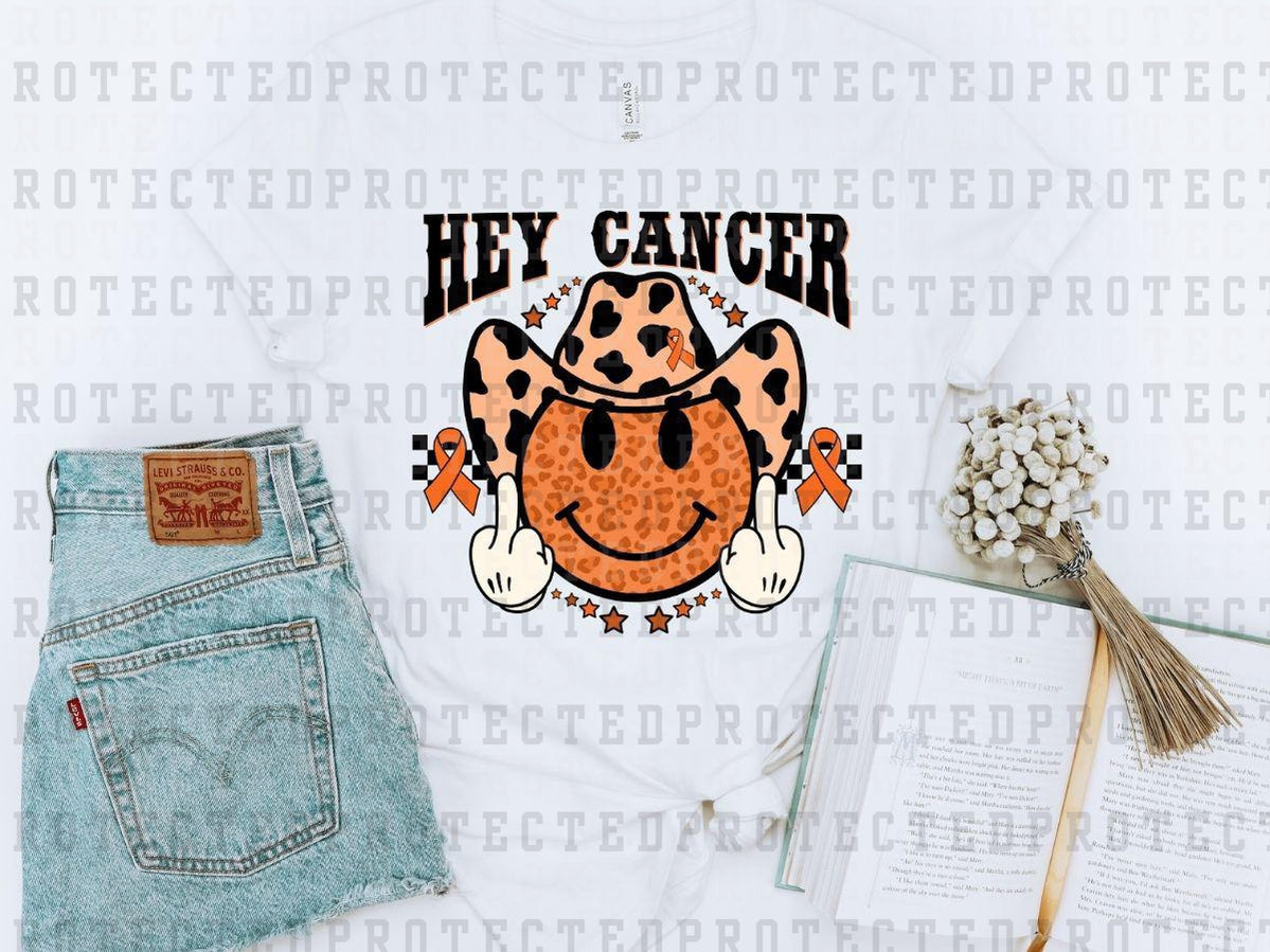 HEY CANCER FU - BLACK LEOPARD ORANGE HAT COWBOY SMILEY - ORANGE RIBBON - DTF TRANSFER
