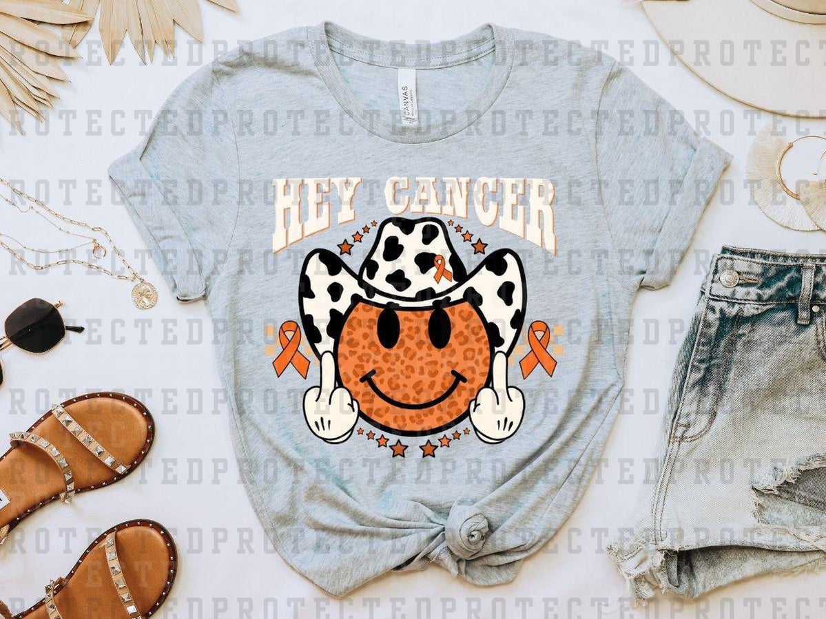 HEY CANCER FU - WHITE LEOPARD WHITE HAT COWBOY SMILEY - ORANGE RIBBON - DTF TRANSFER