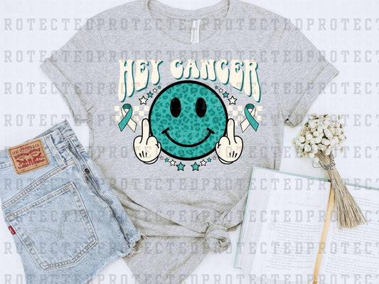 HEY CANCER FU - WHITE LEOPARD SMILEY - TEAL RIBBON - DTF TRANSFER