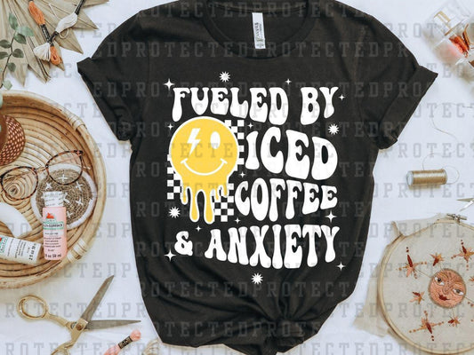 FUELED BY ICED COFFEE AND ANXIETY - YELLOW/WHITE - DTF TRANSFER