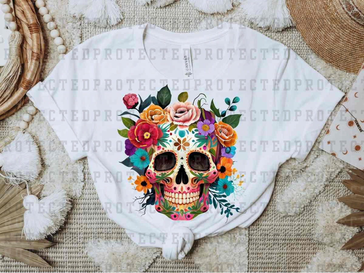 JEWEL TONE FLORAL SKULL - DTF TRANSFER