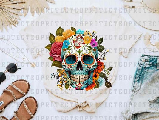 TEAL FLORAL SKULL - DTF TRANSFER