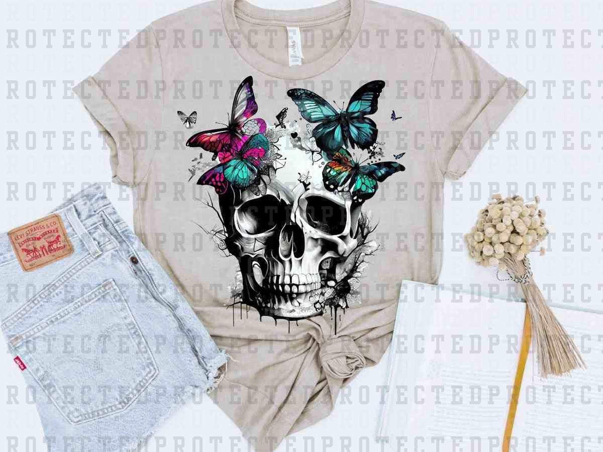 WHITE SKULL TEAL BUTTERFLY - DTF TRANSFER